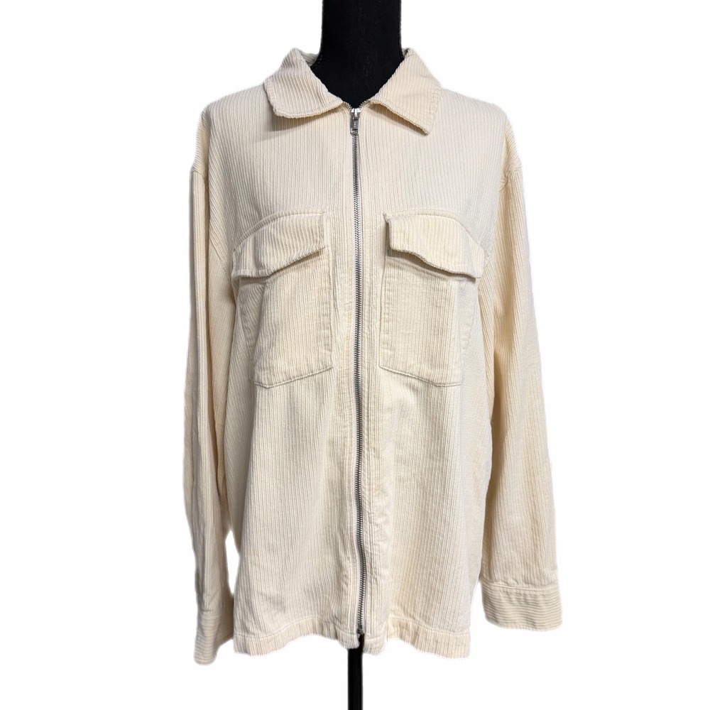 HM Mens Cream Corduroy Zip Up Shirt Jacket Regular Fit Off White Large